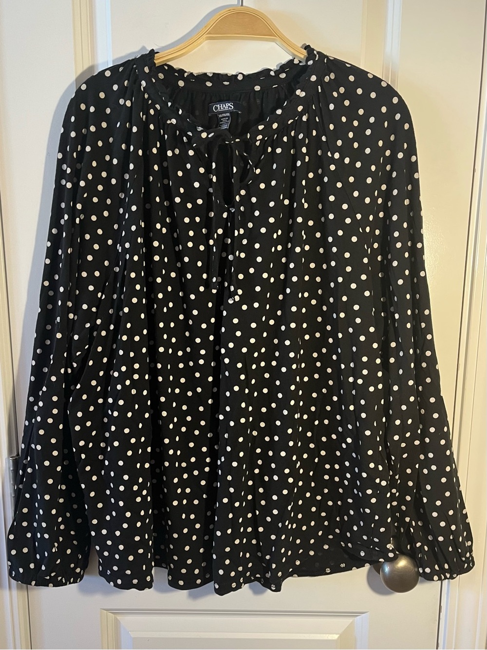 Chaps Black with Cream Polka Dots Tie Neck Peasant Blouse, Size XXL